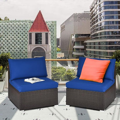 COSTWAY 2PCS PE Rattan Armless Sofa, Wicker Patio Conversation Set Chairs with Soft Cushion, Outdoor Sectional Furniture for Yard, Poolside (Navy)