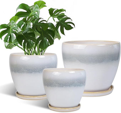 Ceramic Plant Pots - Modern Round 10 Inch 8 Inch 6 Inch Planters for Indoor Outdoor, Flower Pots with Drainage Holes and Plant Saucers, Home Decor, Plant Lover Gifts, Set of 3, White-Grey