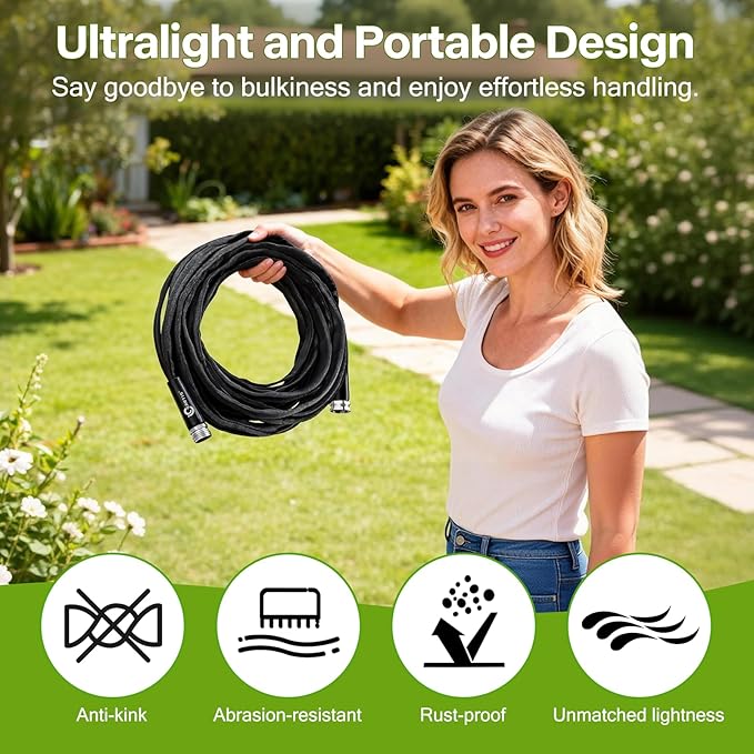 Garden Hose 100 ft x 5/8 in, Ultra-Light, All-Weather Water Hose, Leak-Free Connections,High Pressure Abrasion-Resistant Eco-Friendly, Black