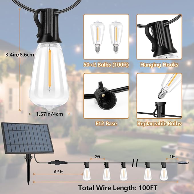 100FT Outdoor Solar String Lights with Remote, USB Rechargeable LED Patio Lights with 52 Timer Dimmable ST38 Edison Bulbs, Enhanced 5W Solar Panel Outside Hanging Lights for Porch Garden Deck Backyard