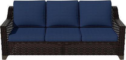 VistaVibe 78" Patio Wicker 3-seat Sofa, Deep Seat & Upholstered Loveseat, Outdoor All-Weather Rattan Couch with Removable Cushions, Steel Frame Couch for Garden, Poolside (Brown/Navy)
