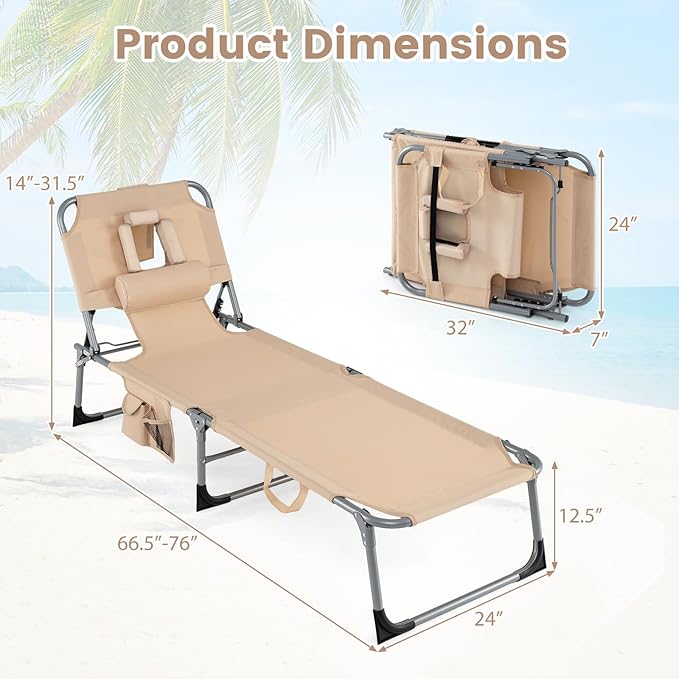 COSTWAY Tanning Chair with Face Hole, Folding Beach Lounge Chair | 4-Position Adjustable Backrest, Pillow & Side Pocket for Sunbathing, Camping (2, Beige)