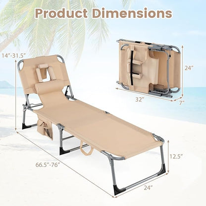 COSTWAY Tanning Chair with Face Hole, Folding Beach Lounge Chair | 4-Position Adjustable Backrest, Pillow & Side Pocket for Sunbathing, Camping (2, Beige)