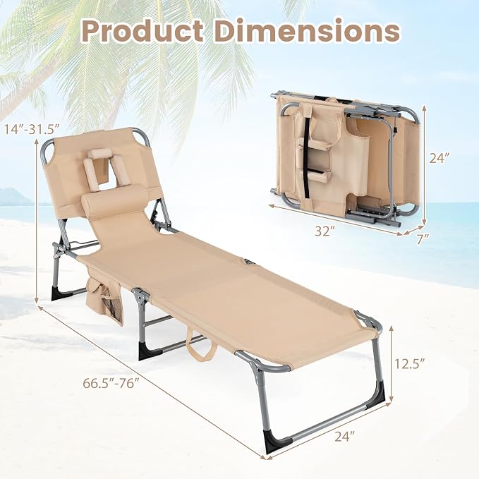 COSTWAY Tanning Chair with Face Hole, Folding Beach Lounge Chair | 4-Position Adjustable Backrest, Pillow & Side Pocket, Foldable Chaise Lounge Chair Outdoor for Sunbathing, Camping (1, Beige)