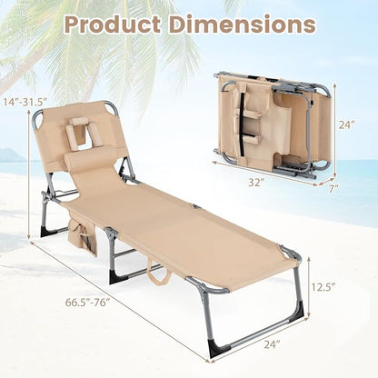 COSTWAY Tanning Chair with Face Hole, Folding Beach Lounge Chair | 4-Position Adjustable Backrest, Pillow & Side Pocket, Foldable Chaise Lounge Chair Outdoor for Sunbathing, Camping (1, Beige)