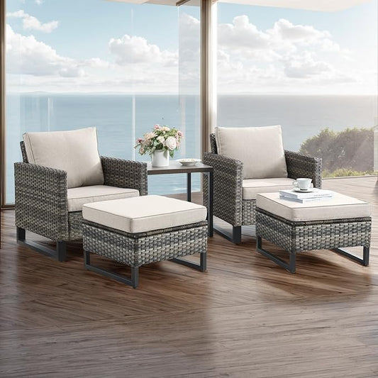 Wicker Outdoor Patio Furniture Set - 5 Piece Patio Conversation Set with 2 Wicker Armrest Chairs,2 Rattan Ottoman and 1 Metal Side Table for Outside Porch Deck Backyard Garden(Mixed Grey/Beige)