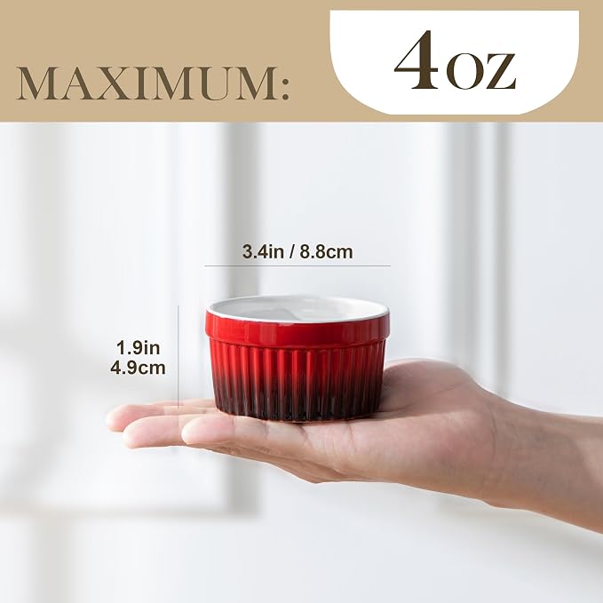 MALACASA Ramekins 4 oz Oven Safe, Small Ceramic Souffle Dishes for Creme Brulee Souffle, Stoneware Custard Cups Ramiken for Baking, Baking Bowls Dipping Sauce Dish Set of 6, Red, Series RAMEKIN-DISH