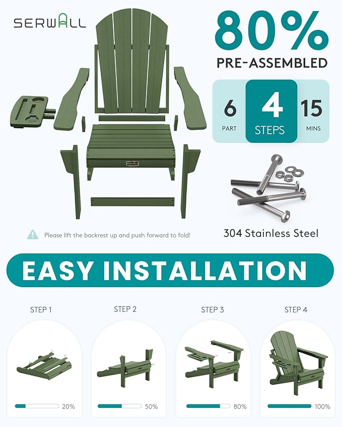 SERWALL Folding Adirondack Chair, Paito Adirondack Chairs with 4-in-1 Multi-Functional Cup Holder, Outdoor Chairs, All Weather Fire Pit Chair for Garden, Poolside, Backyard, Lawn - Army