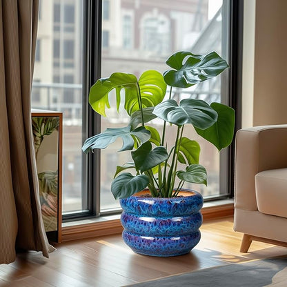 SQOWL Ceramic Pot for Plants - 10 Inch Plant Pot Indoor Outdoor Planter with Drainage Hole Large Flower Pot Decorative Plant Pot for Patio Living Room Decor Blue