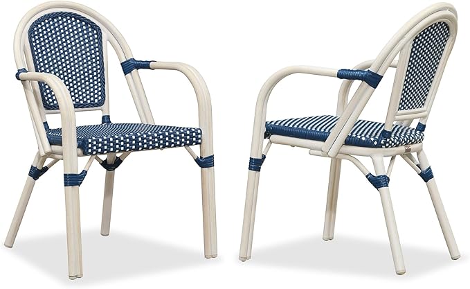 PURPLE LEAF French Bistro Chairs Set of 2 Aluminum Wicker Rattan Hand-Woven Armchairs Outdoor Dining Chairs for Patio Kitchen Garden White Print Finish Deep Blue