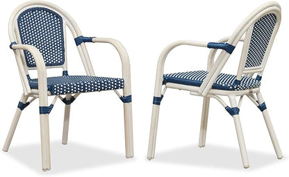 PURPLE LEAF French Bistro Chairs Set of 2 Aluminum Wicker Rattan Hand-Woven Armchairs Outdoor Dining Chairs for Patio Kitchen Garden White Print Finish Deep Blue