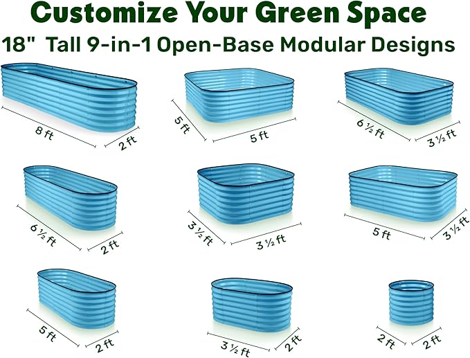 9-in-1 Galvanized Steel Raised Garden Bed // 8×2×1.5 ft Modular Planter for Gardening, Vegetables, Flowers // 18" Tall Metal Raised Garden Beds Outdoor (Teal) // Patented Design Planter Box