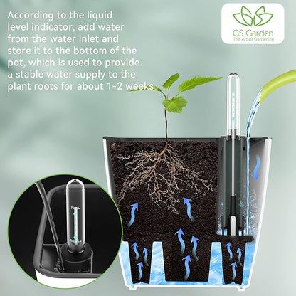 Self Watering Planters for Indoor Plants, 5.2 Inch 6 Pack Square Plastic Plant Pots with Water Level Indicator & Drainage System for African Violet Herbs Succulents - White