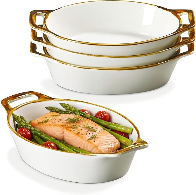ONEMORE Au Gratin Baking Dish Set of 4, Oval White Ceramic Mini Casserole Dishes with Brown Rim, Oven Safe, 20 oz 6x8 Inches, Ideal for Individual Serving, Lasagna, Quiche