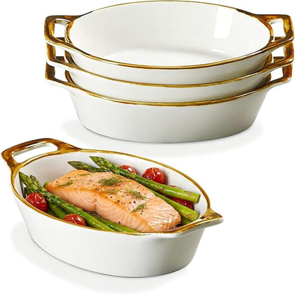 ONEMORE Au Gratin Baking Dish Set of 4, Oval White Ceramic Mini Casserole Dishes with Brown Rim, Oven Safe, 20 oz 6x8 Inches, Ideal for Individual Serving, Lasagna, Quiche