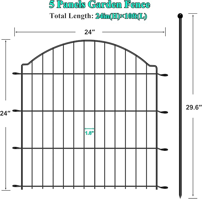 Decorative Garden Fences 24in x 10ft, 5 Pack Outdoor Fencing Animal Barrier Dog Border, Metal Wire Fence Panels for Garden Decor, Flower Bed Edging Borders for No Dig Patio Yard