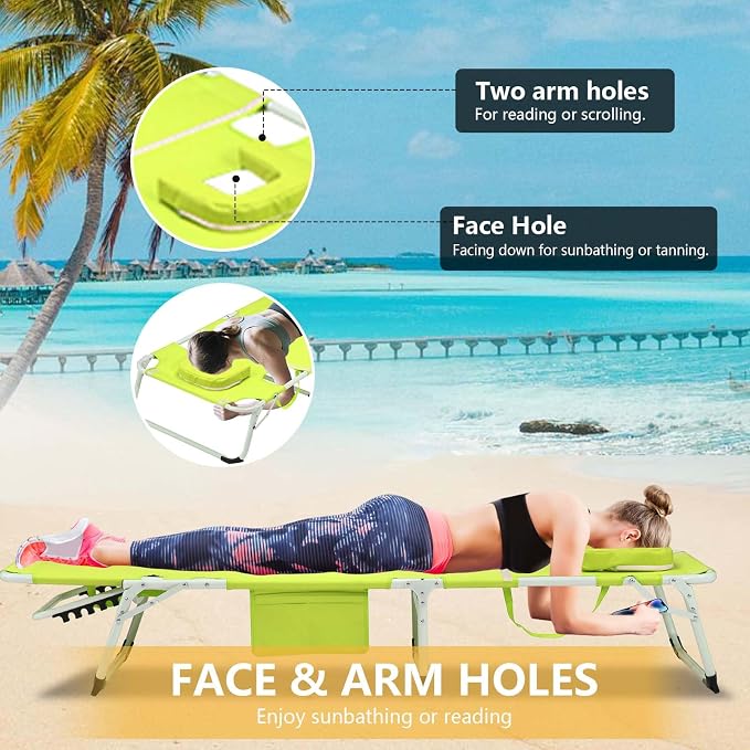 HRVEOCEI 3-in-1 Sun Tanning Chair with Face Hole,Adjustable 5-Position Folding Laying Out Chairs for Tanning,Outdoor Face Down Beach Lounger Sun Bathing Lounge Chair for Pool Deck Patio (Green)
