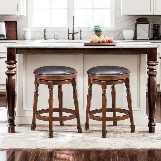 ERGOMASTER 24 Inch Swivel Bar Stools Set of 2, Rubber Wood, Brown