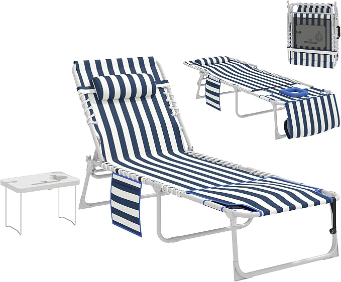 Outsunny Tanning Chair with Face Hole, Side Table, 5-Position Reclining Folding Chaise Lounge Chair Outdoor Lounger Recliner, Carry Straps for Beach Pool Camp, Oxford Fabric, Blue and White