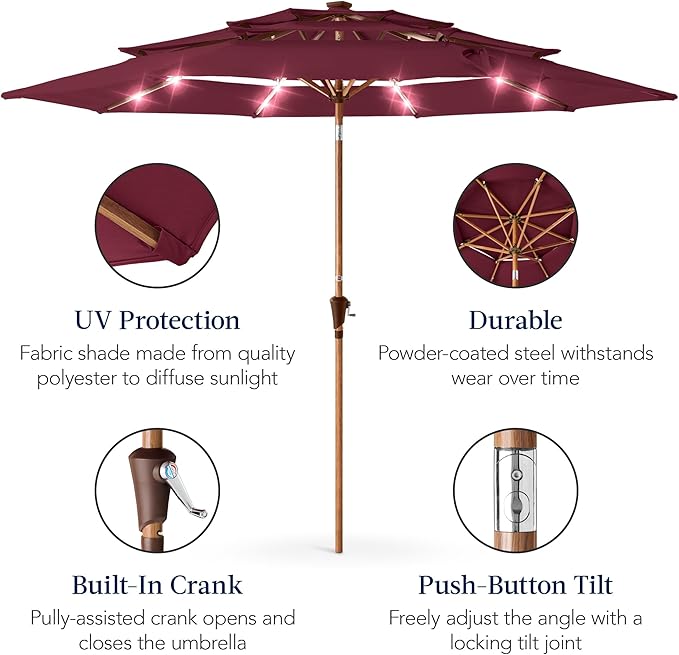 Best Choice Products 10ft 3-Tier Solar Patio Market Umbrella, Outdoor Sun Shade for Backyard, Deck, Poolside, Table w/Woodgrain Pattern, LED Lights, Tilt Adjustment - Burgundy
