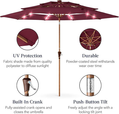 Best Choice Products 10ft 3-Tier Solar Patio Market Umbrella, Outdoor Sun Shade for Backyard, Deck, Poolside, Table w/Woodgrain Pattern, LED Lights, Tilt Adjustment - Burgundy