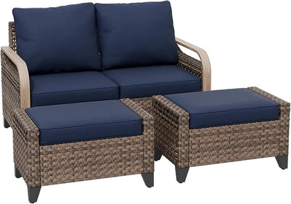 COOS BAY Modern Wicker Outdoor Furniture Set, Patio Conversation Set with 2 Seat Loveseat, and Ottomans, 3 Piece, Brown/Blue