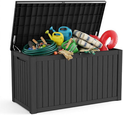180 Gallon Deck Box, Waterproof Resin Outdoor Storage Box Lockable for Patio Furniture, Fade Resistant Patio Side Table & Organizer for Garden Tools, Pool Floats, Outdoor Cushions, Black