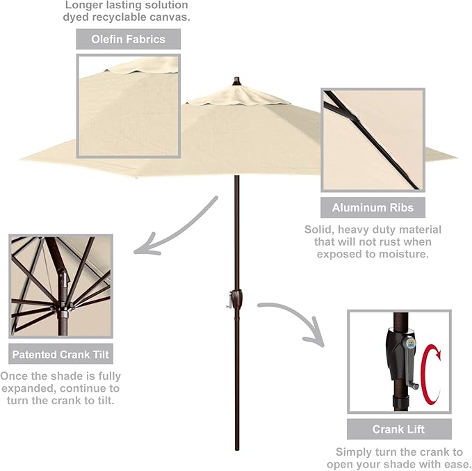 California Umbrella 9' Round Aluminum Outdoor Deck, Pool or Patio Umbrella, Crank Lift, Auto Tilt, Bronze Pole, Antique Beige Olefin