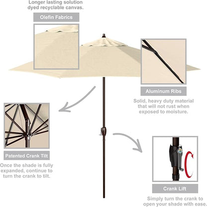California Umbrella 9' Round Aluminum Outdoor Deck, Pool or Patio Umbrella, Crank Lift, Auto Tilt, Bronze Pole, Antique Beige Olefin