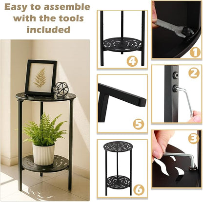 2 Packs Two-tier Metal Round Side Table Black Accent Coffee Tables Small Space Corner Plant Stand Shelf for Indoor Outdoor Use Patio Balcony End Table Laser-Cut Floral Pattern Weather-Resistant