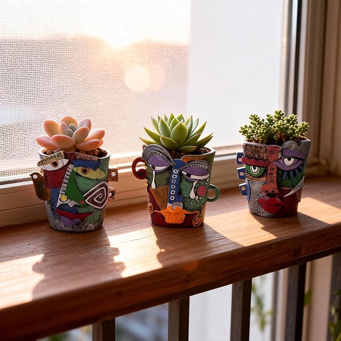 Mini Abstract Face Planter – Small Picasso-Inspired Resin Planter for Succulents, Cacti & Small Plants, Whimsical Decorative Head Planter for Indoor & Outdoor Garden