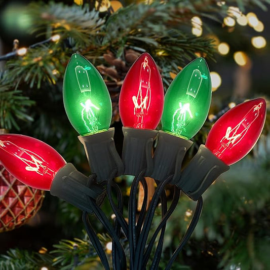 C9 Vintage Christmas String Lights, 25Ft Red & Green with 26 C9 Bulbs, Outdoor Hanging Patio Lights for Christmas Tree, Path, Roofline, Wedding Party Decoration