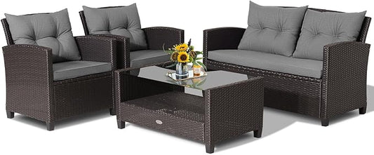 HAPPYGRILL 4-Piece Patio Conversation Set Rattan Wicker Chair Furniture Set with 1 Loveseat, 2 Single Sofas, 1 Coffee Table, Outdoor Furniture Set for Backyard Porch Garden Poolside Balcony (Grey)