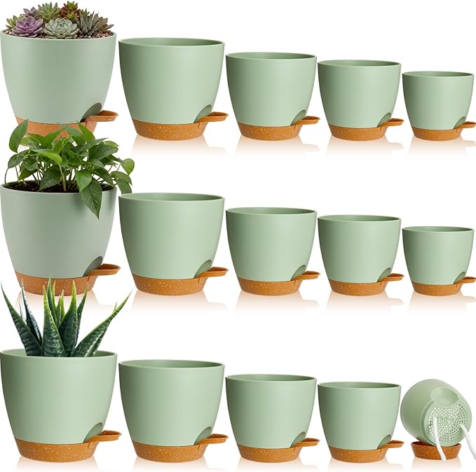 Remerry 15 Pcs 7/6.5/6/ 5.5/5 Inch Self Watering Planters with Drainage Hole Plant Pots Plastic Flower Pots Self Watering Pot and Saucer Reservoir for Garden Plant Flower(Green)