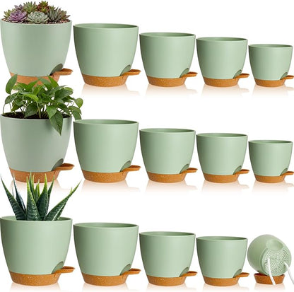 Remerry 15 Pcs 7/6.5/6/ 5.5/5 Inch Self Watering Planters with Drainage Hole Plant Pots Plastic Flower Pots Self Watering Pot and Saucer Reservoir for Garden Plant Flower(Green)
