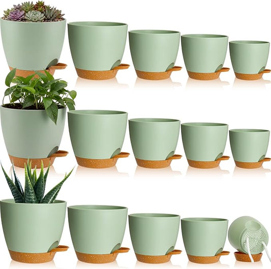 Remerry 15 Pcs 7/6.5/6/ 5.5/5 Inch Self Watering Planters with Drainage Hole Plant Pots Plastic Flower Pots Self Watering Pot and Saucer Reservoir for Garden Plant Flower(Green)