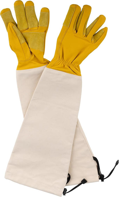 Kings County Tools Long Garden Gloves for Men and Women Pair - Breathable Canvas Thorn Proof Leather Gardening Gloves with Arm Guard Gauntlet for Pruning Planting Rose Cactus or Blackberry (Medium)