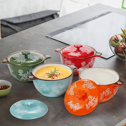 AVLA 4 Pack Ceramic Soup Bowls with Lid and Double Handles, 22 OZ French Onion Soup Crock, Small Casserole Dish for Oven, Mini Cocotte Set Baking Ramekins for Stews, Cereal, Oatmeal or Pasta