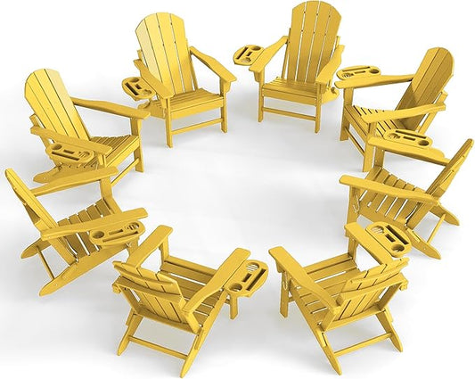 Adirondack Chair Set of 8, HDPE Folding Adirondack Chair with Multifunctional Cup Holder, Weather Resistant Fire Pit Chair for porches, patios, poolsides, Decks.