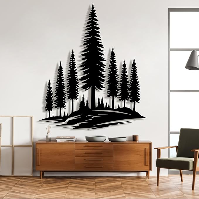 lunwall Metal Pine Tree Wall Art, Metal Forest Wall Art, Pine Branch Wall Decor, Christmas Tree Wall Decor, Forest Wall Hanging, Nature Lover Gift (Style 6, 46" H x 39" W / 116 x 99 cm)
