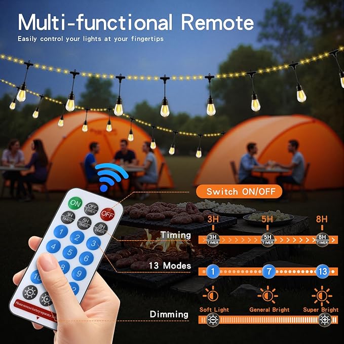 63FT Solar String Lights Outdoor Waterproof with USB Port & Remote Control Solar Patio Lights Long Last for 20+Hrs Dimmable Solar Power LED Shatterproof Bulbs solar lights for Camping Backyard Garden