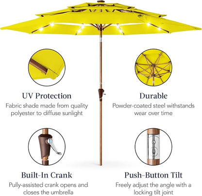Best Choice Products 10ft 3-Tier Solar Patio Market Umbrella, Outdoor Sun Shade for Backyard, Deck, Poolside, Table w/Woodgrain Pattern, LED Lights, Tilt Adjustment - Yellow