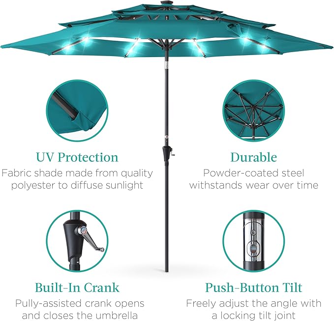 Best Choice Products 10ft 3-Tier Solar Patio Umbrella, Outdoor Market Sun Shade for Backyard, Deck, Poolside w/ 24 LED Lights, Tilt Adjustment, Easy Crank, 8 Ribs - Cerulean
