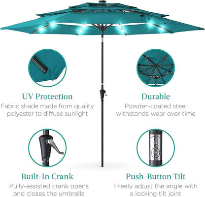 Best Choice Products 10ft 3-Tier Solar Patio Umbrella, Outdoor Market Sun Shade for Backyard, Deck, Poolside w/ 24 LED Lights, Tilt Adjustment, Easy Crank, 8 Ribs - Cerulean