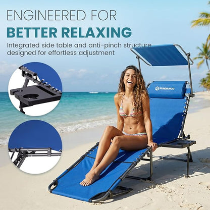 FUNDANGO 400lbs Heavy Duty Tanning Chair, Set of 2, Blue | Face Hole & Canopy & Side Table, 5 Positions, Facedown Chaise Lounge with Pillow, 400lbs