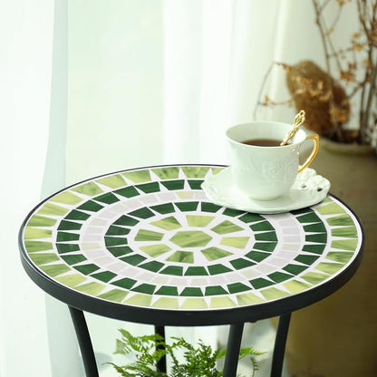 VCUTEKA Outdoor Side Table Mosaic Patio Table Accent Tables Mosaic Tile Top Metal Frame Small End Tables Porch Beach Patio Garden Balcony Grass Green