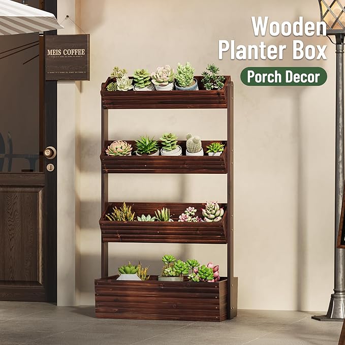 Vertical Wooden Raised Garden Bed, Garden Planters Freestanding Wood Plant Stand Flower Rack Wooden Planter Box for Plants Herbs Flowers Vegetables Outdoor Indoor Gardening (4-Tier Carbonized)