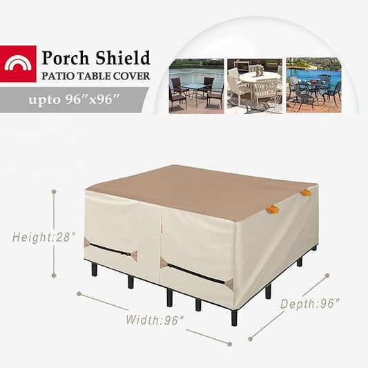 Porch Shield Patio Table Cover - Waterproof Outdoor Dining Table and Chairs Furniture Set Cover Square - 96 x 96 inch, Light Tan & Khaki