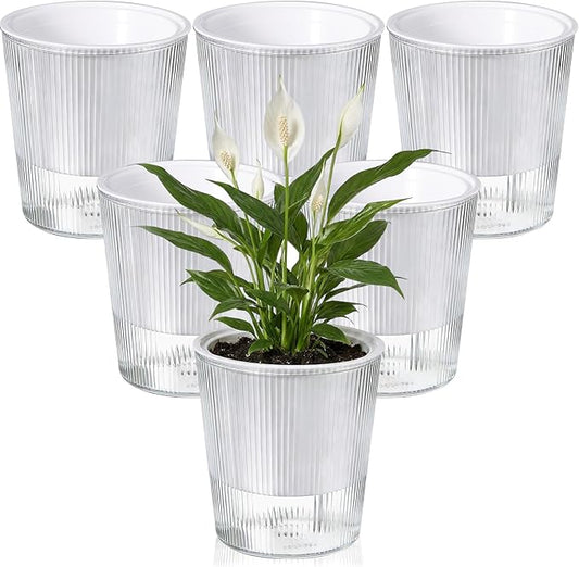 6 Pack Self Watering Pots for Indoor Plants Plastic Vertical Ribbed Semi Transparent Planters, Dual Layer Reservoir for Indoor Succulents Herbs Pothos(Clear, White,4.4 x 4.9 Inch)