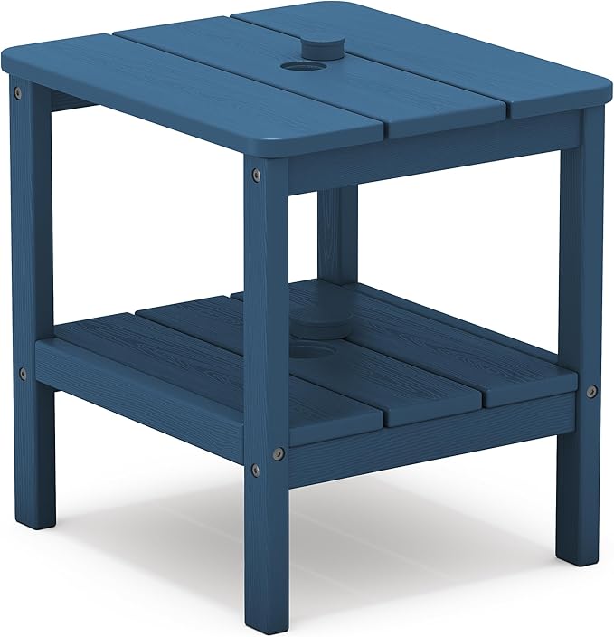 SERWALL 2-Tier HDPE Outdoor Side Table with Umbrella Hole, Weatherproof Rectangular Adirondack Side Table, Blue